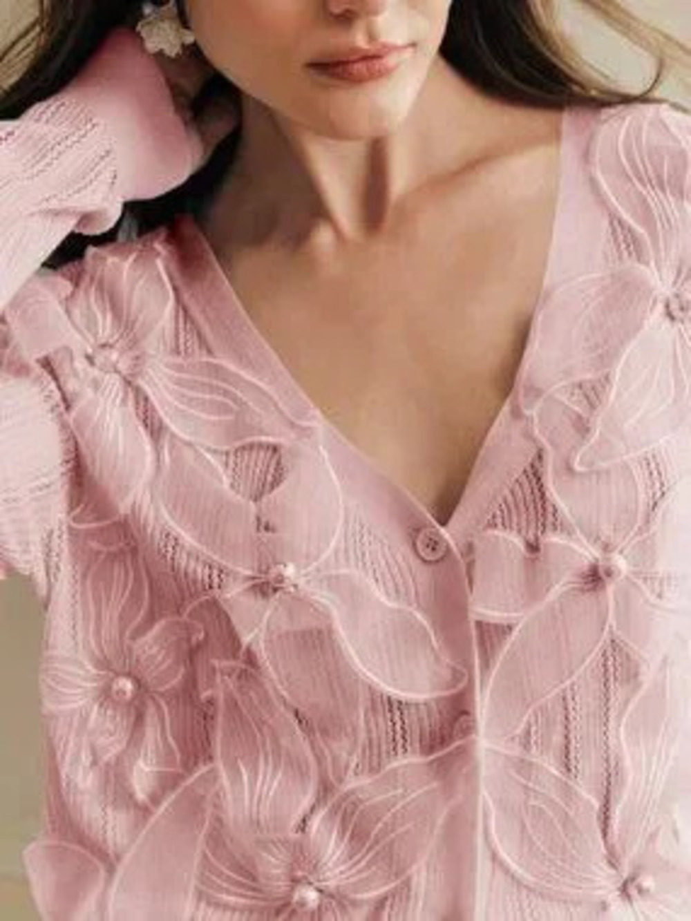 Pink Casual Women's Elegant Knitted Long Sleeve Pearl Floral Hollow Out Cardigan